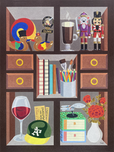 American Minhwa: Moonji L. Pickering: Bookshelf Series I (Triptych), 2025 - Life in Korea (Left), Discovering America (Center), Life in America (Right)