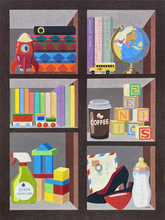 American Minhwa: Moonji L. Pickering: Bookshelf Series I (Triptych), 2025 - Life in Korea (Left), Discovering America (Center), Life in America (Right)