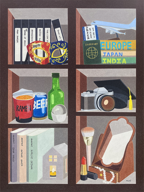 American Minhwa: Moonji L. Pickering: Bookshelf Series I (Triptych), 2025 - Life in Korea (Left), Discovering America (Center), Life in America (Right)